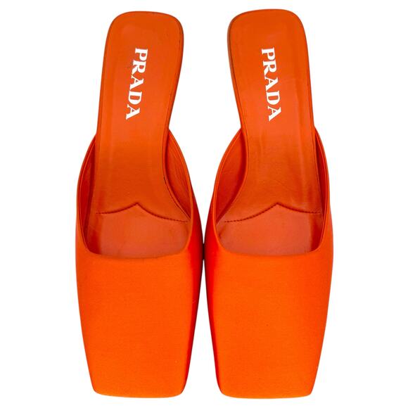 PRADA Modellerie Satin Mule EU 38 US 8 Bright Orange Square Toe Slip On Low Heel - Picture 11 of 11